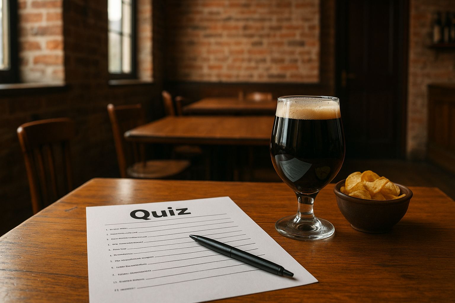 Tafelopstelling met quizbladen, pennen en een scherm voor een gezellige groepsavond