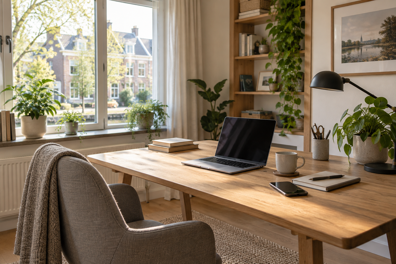 Illustratie: thuiswerkplek naast een raam met gefilterd daglicht