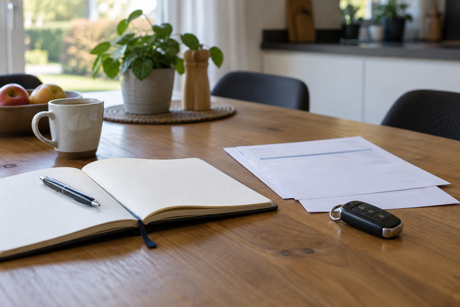 Notitieboek en onderhoudsfacturen op tafel